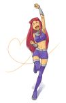  1girl boots breasts closed_eyes commentary_request denchuubou fist_pump full_body gorget heart heart_background long_hair medium_breasts midriff miniskirt navel open_mouth purple_footwear purple_skirt redhead sidelocks skirt sleeveless smile solo standing standing_on_one_leg starfire teen_titans thigh-highs thigh_boots white_background 