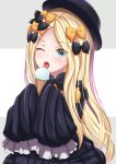  1girl abigail_williams_(fate/grand_order) bangs black_bow black_dress black_headwear blonde_hair blue_eyes blush bow breasts dress fate_(series) food forehead hat highres ice_cream ice_cream_cone koji45hiro licking long_hair long_sleeves looking_at_viewer multiple_bows one_eye_closed open_mouth orange_bow parted_bangs ribbed_dress sleeves_past_fingers sleeves_past_wrists solo tongue tongue_out 