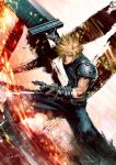  1boy biceps blonde_hair buster_sword cloud_strife commentary_request final_fantasy final_fantasy_vii final_fantasy_vii_remake gauntlets green_eyes highres holding holding_sword holding_weapon huge_weapon male_focus materia muscle pants sleeveless sleeveless_turtleneck solo spiky_hair sword tdsuke turtleneck weapon 