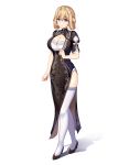  1girl absurdres alternate_costume black_dress black_footwear blonde_hair breasts china_dress chinese_clothes cleavage_cutout dress fan folding_fan full_body high_heels highres holding holding_fan large_breasts pelvic_curtain shropshire_(steelblue_mirage) side_slit sleeveless sleeveless_dress smile solo steelblue_mirage thigh-highs violet_eyes warship_girls_r white_background white_legwear xiao_qi 