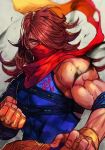1boy armband belt brown_eyes brown_hair clenched_hand covered_mouth hankuri male_focus muscle ninja scarf solo spiky_hair street_fighter street_fighter_v strider_(video_game) strider_hiryuu weapon