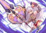  1girl :d ahoge armpits aura axe bare_shoulders big_hair breasts draph dunceneygak elbow_gloves gloves granblue_fantasy grey_gloves grey_hair hair_between_eyes highres holding holding_weapon horns large_breasts leaning_forward long_hair looking_at_viewer metal_boots open_mouth red_eyes red_skirt skindentation skirt smile solo thalatha_(granblue_fantasy) thigh-highs thighhighs_under_boots very_long_hair weapon wristband 