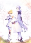  2boys belt black_legwear blonde_hair blue_eyes blue_hair boots capelet coat commentary diamond_dust_(module) earmuffs falling_petals from_behind fur-trimmed_capelet fur-trimmed_coat fur_trim gloves holding_hands ice_fog_(module) kagamine_len kaito kneehighs looking_at_viewer looking_back male_focus multiple_boys outdoors pants project_diva_(series) short_ponytail shorts snow spiky_hair tree vocaloid waving white_capelet white_coat white_footwear white_pants white_shorts 