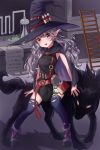  1girl bangs belt black_headwear black_legwear breasts brown_belt commentary dungeon_and_fighter highres ladder long_hair looking_at_viewer nankam pointy_ears red_eyes solo torn_clothes torn_legwear translation_request upper_teeth wolf 