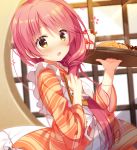  1girl apron bangs blurry blurry_background blush brown_eyes brown_kimono cariboy commentary_request depth_of_field eyebrows_visible_through_hair food frilled_apron frills hair_between_eyes hair_over_shoulder hands_up holding holding_tray japanese_clothes kimono kurama_koharu long_hair long_sleeves open_mouth pink_hair plate round_window senren_banka solo tray very_long_hair wa_maid white_apron wide_sleeves window 
