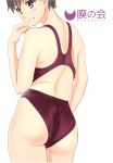  1girl absurdres black_hair blue_eyes commentary_request competition_swimsuit cowboy_shot from_behind grin highres logo looking_at_viewer looking_back one-piece_swimsuit original red_swimsuit short_hair simple_background smile solo swimsuit takafumi white_background 