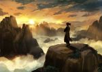  1boy above_clouds back changpao chinese_clothes clouds facing_away fate/grand_order fate_(series) fog from_behind full_body kusarebon li_shuwen_(fate/grand_order) long_hair long_sleeves mountain mountainous_horizon outdoors ponytail redhead shadow sky solo spiky_hair standing sun sunlight sunset wide_shot 