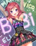  1girl :d \o/ armpits arms_up black_gloves breasts character_name collarbone diamond_princess_no_yuuutsu dress elbow_gloves frilled_dress frills gloves group_name hair_ribbon looking_at_viewer love_live! love_live!_school_idol_project medium_hair nishikino_maki open_mouth outstretched_arms red_ribbon redhead ribbon sakurai_makoto_(custom_size) screen single_strap sleeveless sleeveless_dress small_breasts smile solo sparkle sweat twitter_username violet_eyes 