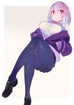  1girl ass bangs black_footwear blue_legwear blush bow breasts closed_mouth crossed_legs hajime_(hajime-ill-1st) hands_in_pockets jacket large_breasts lavender_hair legs loafers long_sleeves off_shoulder open_clothes open_jacket pantyhose pink_eyes purple_bow purple_jacket purple_neckwear shinjou_akane shirt shoes short_hair simple_background smile solo ssss.gridman white_background white_cardigan white_shirt 