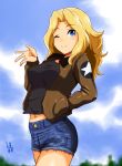  1girl ;) artist_name black_shirt blonde_hair blue_eyes blue_shorts blue_sky brown_jacket closed_mouth clouds cloudy_sky commentary cutoffs day denim denim_shorts emblem eyebrows_visible_through_hair girls_und_panzer hair_intakes hand_in_pocket jacket kay_(girls_und_panzer) long_hair long_sleeves looking_at_viewer midriff military military_uniform navel one_eye_closed open_clothes open_jacket outdoors qqq_iwe saunders_military_uniform shirt short_shorts shorts signature sky smile solo standing star uniform waving 