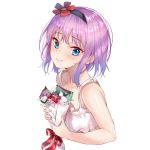  1girl absurdres bangs bare_arms bare_shoulders black_hairband blue_eyes blush breasts collarbone commentary_request dress eyebrows_visible_through_hair flower hair_flower hair_ornament hairband highres holding holding_flower looking_at_viewer mayoichi medium_hair original purple_hair red_flower red_ribbon ribbon simple_background small_breasts smile solo white_background white_dress 