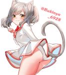  1girl :3 animal_ear_fluff animal_ears ass bangs blush bow brown_eyes cat_ears cat_girl cat_tail closed_mouth commentary_request dress eyebrows_visible_through_hair grey_hair hand_up highres long_sleeves looking_at_viewer looking_back original panties paw_pose pleated_dress red_bow rukinya_(nyanko_mogumogu) simple_background solo tail twintails twitter_username underwear white_background white_dress white_panties 