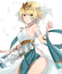  1girl anklet armlet bare_shoulders blonde_hair blue_hair bracelet breasts choker crown dancer earrings feather_trim fire_emblem fire_emblem:_three_houses fire_emblem_heroes fjorm_(fire_emblem) gradient_hair green_eyes haru_(nakajou-28) jewelry medium_breasts multicolored_hair pelvic_curtain sideboob smile snowflakes solo white_background 