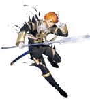  1boy belt boots epaulettes ferdinand_von_aegir fire_emblem fire_emblem:_three_houses fire_emblem_heroes full_body garreg_mach_monastery_uniform gloves highres injury official_art open_mouth orange_eyes orange_hair polearm solo spear teeth torn_clothes transparent_background weapon 