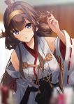  1girl ahoge bare_shoulders breasts brown_hair detached_sleeves double_bun hair_ornament hairband headgear highres japanese_clothes kantai_collection kongou_(kantai_collection) konkito long_hair looking_at_viewer nontraditional_miko open_mouth remodel_(kantai_collection) skirt solo violet_eyes 