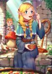  1boy 1girl absurdres belt blonde_hair blue_dress blue_eyes bowl braid choker dress dungeon_meshi eating elf flat_chest food hair_over_shoulder hair_pulled_back highres huge_filesize laios_thorden long_hair low-tied_long_hair marcille monster mr.lime mushroom pointy_ears red_choker sitting solo_focus soup spoon spoon_in_mouth tongue tongue_out tunic twin_braids wide_sleeves wooden_spoon 