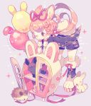  1girl :3 ;) animal animal_ear_fluff animal_ears artist_name balloon bangs bent_over boots bunny_tail carrot_hair_ornament cup food_themed_hair_ornament fur-trimmed_boots fur_trim grey_background hair_ornament hair_ribbon hedgehog highres jacket leaning_on_object long_hair nail_polish one_eye_closed original paw_boots pink_hair rabbit rabbit_ears red_eyes red_nails red_ribbon ribbon saucer shelf short_sleeves shorts smile solo sparkle striped striped_ribbon symbol_commentary tail teacup twintails wrist_cuffs yumenouchi_chiharu 