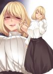  1girl absurdres blonde_hair half-closed_eyes head_on_hand highres kinntarou licking_lips lips original red_eyes ribbed_sweater skirt sweater tongue tongue_out 
