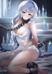  1girl avrora_(azur_lane) avrora_(shackled_saule)_(azur_lane) azur_lane bare_shoulders blue_eyes blush braid breasts chain cuffs dress hair_between_eyes highres john_manjirou_(love-love-happy21) large_breasts long_hair looking_at_viewer shackles silver_hair solo torn_clothes torn_dress twin_braids very_long_hair white_dress 