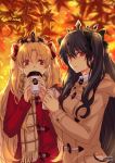  2girls :t autumn_leaves bangs black_bow black_hair blonde_hair blurry blurry_background blush bow brown_coat brown_scarf closed_mouth coat collared_shirt commentary cup depth_of_field disposable_cup english_commentary ereshkigal_(fate/grand_order) eyebrows_visible_through_hair fate/grand_order fate_(series) food fringe_trim hair_between_eyes hair_bow holding holding_cup holding_food hood hood_down hooded_coat ishtar_(fate)_(all) ishtar_(fate/grand_order) leaf long_hair long_sleeves looking_at_viewer maple_leaf multiple_girls parted_bangs pout red_bow red_coat red_eyes scarf shirt sweet_potato ten-chan_(eternal_s) twitter_username two_side_up very_long_hair white_shirt 