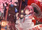  1girl ahoge alternate_costume bug butterfly cherry_blossoms floral_print flower green_eyes hair_between_eyes hair_flower hair_ornament highres hololive insect japanese_clothes lantern marcellokito! over_shoulder petals pink_hair sakura_miko stairs umbrella virtual_youtuber 
