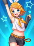 1girl :3 :d arm_up armpits bangs bare_thighs belt black_sailor_collar black_shorts black_sleeves blonde_hair blue_background blue_eyes blush bow clenched_hand commentary_request cowboy_shot crop_top crop_top_overhang detached_sleeves eyebrows_visible_through_hair fang flat_chest hair_bow hair_ornament hairclip headset highres kagamine_rin looking_at_viewer midriff navel neckerchief open_mouth sailor_collar satchi_(bluff-46) shirt short_hair short_shorts shorts sidelocks sleeveless sleeveless_shirt sleeves_past_wrists smile solo star starry_background swept_bangs two-tone_background vocaloid yellow_neckwear 