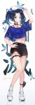  1girl absurdres alternate_costume arm_up bangs bare_legs baseball_cap black_hair black_shorts blue_eyes blue_nails blue_shirt bra_strap bracelet bug butterfly choker closed_mouth commentary_request crop_top crop_top_overhang cutoffs frown full_body hair_ribbon hand_on_headwear hand_on_hip hat highres insect jewelry kanzaki_aoi_(kimetsu_no_yaiba) kimetsu_no_yaiba leg_ribbon long_hair looking_at_viewer midriff multicolored_hair nail_polish navel necklace parted_bangs revision ribbon shirt shoes short_shorts short_sleeves shorts sneakers socks solo standing stomach sweatdrop thigh_strap thighs twintails two-tone_hair unity_(ekvmsp02) v-shaped_eyebrows white_footwear white_headwear white_legwear wide_sleeves 