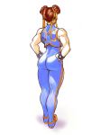 1girl alternate_costume ass biceps brown_hair chun-li commentary double_bun english_commentary faux_traditional_media followers from_behind full_body hair_ribbon hands_on_hips hits kneepits madguymao muscle muscular_female ribbon shoes short_hair sleeveless sneakers solo standing street_fighter street_fighter_zero_(series) striped studded_bracelet thick_thighs thighs traditional_media unitard updo vertical_stripes vest watercolor_(medium) white_background yellow_ribbon