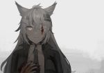  1girl animal_ear_fluff animal_ears arknights bandage_over_one_eye bandages bangs black_jacket black_nails blood blood_on_face bloody_bandages bloody_clothes chihuri closed_mouth collared_shirt eyebrows_visible_through_hair grey_eyes grey_hair grey_neckwear hair_between_eyes hair_ornament hairclip hand_up highres jacket lappland_(arknights) long_hair nail_polish necktie open_clothes open_jacket shirt smile solo upper_body white_shirt 