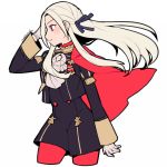  1girl artist_name cape commentary cravat do_m_kaeru edelgard_von_hresvelg fire_emblem fire_emblem:_three_houses fire_emblem:_three_houses fire_emblem_16 garreg_mach_monastery_uniform gloves hair_ribbon hand_to_head intelligent_systems long_hair moe nintendo pantyhose red_cape red_legwear ribbon solo symbol_commentary violet_eyes white_gloves white_hair 