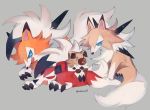  ^_^ blue_eyes claws closed_eyes creature full_body gen_7_pokemon grey_background hoko_(coornxx) lycanroc_(dusk) lycanroc_(midday) lycanroc_(midnight) lying no_humans on_stomach pokemon pokemon_(creature) pokemon_on_back red_eyes rockruff simple_background sitting 