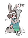  animal_ears blush bunny_tail furry grey_fur grey_hair highres hug jupiter_europe korean_text original rabbit_ears red_eyes snow_leopard tail translation_request 