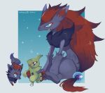  :d blue_eyes brown_eyes claws closed_mouth creature eye_contact gen_2_pokemon gen_5_pokemon happy hoko_(coornxx) horn larvitar looking_at_another no_humans open_mouth pokemon pokemon_(creature) signature sitting size_difference smile standing standing_on_one_leg zoroark zorua 