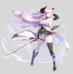  1girl arm_up asymmetrical_footwear bangs belt blue_eyes boots braid breasts draph fingerless_gloves full_body gloves granblue_fantasy grey_background hair_ornament hair_over_one_eye hairclip holding holding_sword holding_weapon horns katana large_breasts long_hair looking_away low-tied_long_hair narmaya_(granblue_fantasy) parted_lips pink_hair pointy_ears sheath shiny shiny_hair shiny_skin simple_background standing sword thigh-highs thigh_boots thigh_strap tied_hair vanety weapon 