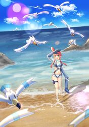  1girl :d arisu_(mikannjs) bangs barefoot beach belt bird blue_belt blue_eyes blue_footwear blue_gloves blue_jacket blue_shorts blue_sky blurry_foreground blush boots breasts clouds commentary cropped_jacket day elbow_gloves eyebrows_visible_through_hair flying footwear_removed from_above full_body fuuro_(pokemon) gen_3_pokemon gloves groin gym_leader hand_up highres holster horizon jacket knee_boots large_breasts lens_flare long_sleeves looking_up midriff navel ocean one_side_up open_mouth outdoors pilot_suit pokemon pokemon_(creature) pokemon_(game) pokemon_bw redhead rock sand seagull shadow short_shorts shorts sidelocks sky smile solo_focus swept_bangs thigh_holster wading water wingull 