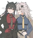  2girls animal_ear_fluff animal_ears arknights arm_around_shoulder belt black_belt black_hair black_jacket black_shorts blue_shirt breasts brown_jacket brown_necktie brown_shorts closed_mouth collared_shirt ear_piercing english_text gloves gloves_removed grey_eyes hair_between_eyes hair_ornament hairclip hand_on_own_hip holding holding_clothes holding_gloves jacket lappland_(arknights) long_hair long_sleeves looking_at_another messy_hair multicolored_hair multiple_girls necktie official_alternate_costume open_clothes open_jacket orange_eyes piercing ponytail red_gloves red_shirt redhead scar scar_on_face seri_(vyrlw) shirt shorts sidelocks simple_background striped striped_necktie striped_shorts texas_(arknights) texas_(willpower)_(arknights) two-tone_hair white_background wolf_ears wolf_girl yellow_necktie yuri 