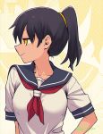  1girl asa_hir_yor black_hair blue_sailor_collar breasts collarbone dress hand_on_hip high_ponytail highres kurobe_natsumi_(shiromanta) large_breasts medium_hair neckerchief pleated_skirt red_neckwear sailor_collar sailor_dress school_uniform senpai_ga_uzai_kouhai_no_hanashi serafuku short_sleeves skirt yellow_eyes younger 