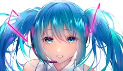  1girl absurdres aqua_eyes aqua_hair bare_shoulders close-up commentary english_commentary face glowing hair_ornament hatsune_miku headphones headset highres long_hair looking_at_viewer shiromonefu shirt smile solo twintails vocaloid white_background white_shirt 