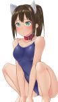  1girl aimobake animal_ears breast_press breasts brown_hair collar competition_school_swimsuit covered_navel green_eyes highres idolmaster idolmaster_cinderella_girls long_hair one-piece_swimsuit ponytail school_swimsuit shibuya_rin solo squatting swimsuit 