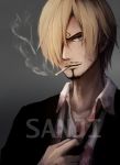  adjusting_clothes adjusting_necktie beard black_suit blonde_hair blood blood_stain blue_eyes character_name cigarette collared_shirt commentary english_commentary eyebrows facial_hair highres light_smile mustache necktie one_eye_covered one_piece sanji scar shimmer shirt smoke smoking suit_jacket upper_body white_shirt 