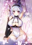  1girl absurdres apple_caramel apron azur_lane blush breasts covered_navel dido_(azur_lane) eyebrows_visible_through_hair flower hair_between_eyes hairband heart highres large_breasts looking_at_viewer naked_apron open_mouth silver_hair simple_background violet_eyes white_apron white_legwear 