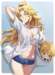 1girl ahoge arm_behind_head arm_up artoria_pendragon_(all) bangs blonde_eyebrows blonde_hair blue_background blue_shorts blush blush_stickers border breasts character_doll closed_eyes closed_mouth collarbone collared_shirt fang fang_out fate/apocrypha fate/stay_night fate_(series) female_only food forehead gradient gradient_background green_eyes hair_pulled_back highres long_hair mordred_(fate) mordred_(fate)_(all) navel nesoberi no_bra onigiri parted_bangs saber shirt short_shorts short_sleeves shorts small_breasts solo stuffed_toy thighs tonee white_border white_shirt