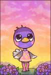  1girl bird doubutsu_no_mori flower grass leaf louivi ostrich purple_hair sky solo star_(sky) takyu_(doubutsu_no_mori) 