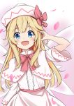  1girl absurdres bangs blonde_hair blue_eyes blush bow bowtie capelet collared_shirt dress eyebrows_visible_through_hair fairy_wings highres kaoshuzi lily_white long_hair looking_at_viewer open_mouth petals pink_background pink_dress pink_headwear red_bow red_neckwear red_ribbon ribbon shirt smile solo touhou wings 