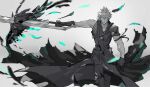  1boy aqua_eyes arm_ribbon armor black_cape black_feathers black_gloves black_pants black_shirt blurry blurry_foreground cape cloud_strife cowboy_shot falling_feathers feathers final_fantasy final_fantasy_vii final_fantasy_vii_advent_children fusion_swords gloves hair_between_eyes holding holding_sword holding_weapon looking_at_viewer male_focus monochrome pants popped_collar ribbon shio_ga shirt short_hair shoulder_armor single_bare_shoulder sketch sleeveless sleeveless_shirt solo spiky_hair spot_color sword toned toned_male waist_cape weapon 