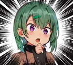  1girl black_shirt blush eyebrows_visible_through_hair fanbox_reward green_hair hair_ornament_removed konbu_wakame long_sleeves looking_away open_mouth original paid_reward seaweed shirt short_hair solo speed_lines upper_body violet_eyes 