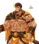  1boy abs bara beard belt brown_hair cape chain chest facial_hair hercules_(tokyo_houkago_summoners) looking_at_viewer looking_to_the_side male_focus muscle nipples pectorals scar simple_background smile solo thick_eyebrows thighs tokyo_houkago_summoners tora_d weapon 