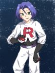  1boy blue_hair boots gloves green_eyes grey_background highres kojirou_(pokemon) pnattu_47 poke_ball pokemon pokemon_(anime) team_rocket 