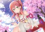  ahoge bare_shoulders bell blue_sky cherry_blossoms closed_mouth clouds detached_sleeves green_eyes hair_bell hair_between_eyes hair_ornament hairclip hatsuki_kaname highres hololive long_hair looking_at_viewer outdoors petals pink_hair sakura_miko single_thighhigh sitting sky smile thigh-highs tree virtual_youtuber white_legwear 