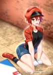  1girl ae-3803 black_legwear black_shirt blush box brick_wall cabbie_hat cardboard_box denim denim_shorts gloves hat hataraku_saibou jacket looking_at_viewer one_eye_closed open_mouth red_blood_cell_(hataraku_saibou) red_footwear red_headwear red_jacket redhead shirt shoes short_hair short_sleeves shorts sitting socks solo tile_floor tiles wariza white_gloves xanadu_avici yellow_eyes 